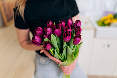 Моно из 15 фиолетовых пионовидных тюльпанов с лентой